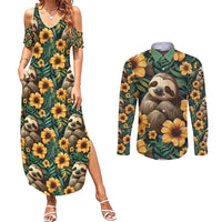 Sloth with Flowers Seamless Style Couples Matching Summer Maxi Dress and Long Sleeve Button Shirt LT9 - Wonder Print Shop