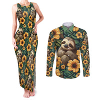 Sloth with Flowers Seamless Style Couples Matching Tank Maxi Dress and Long Sleeve Button Shirt LT9 - Wonder Print Shop