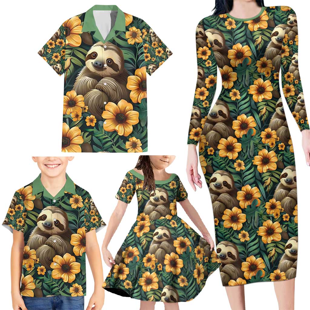 Sloth with Flowers Seamless Style Family Matching Long Sleeve Bodycon Dress and Hawaiian Shirt LT9 - Wonder Print Shop