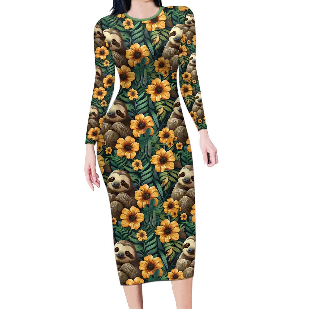 Sloth with Flowers Seamless Style Family Matching Long Sleeve Bodycon Dress and Hawaiian Shirt LT9 - Wonder Print Shop