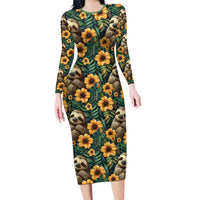 Sloth with Flowers Seamless Style Family Matching Long Sleeve Bodycon Dress and Hawaiian Shirt LT9 - Wonder Print Shop