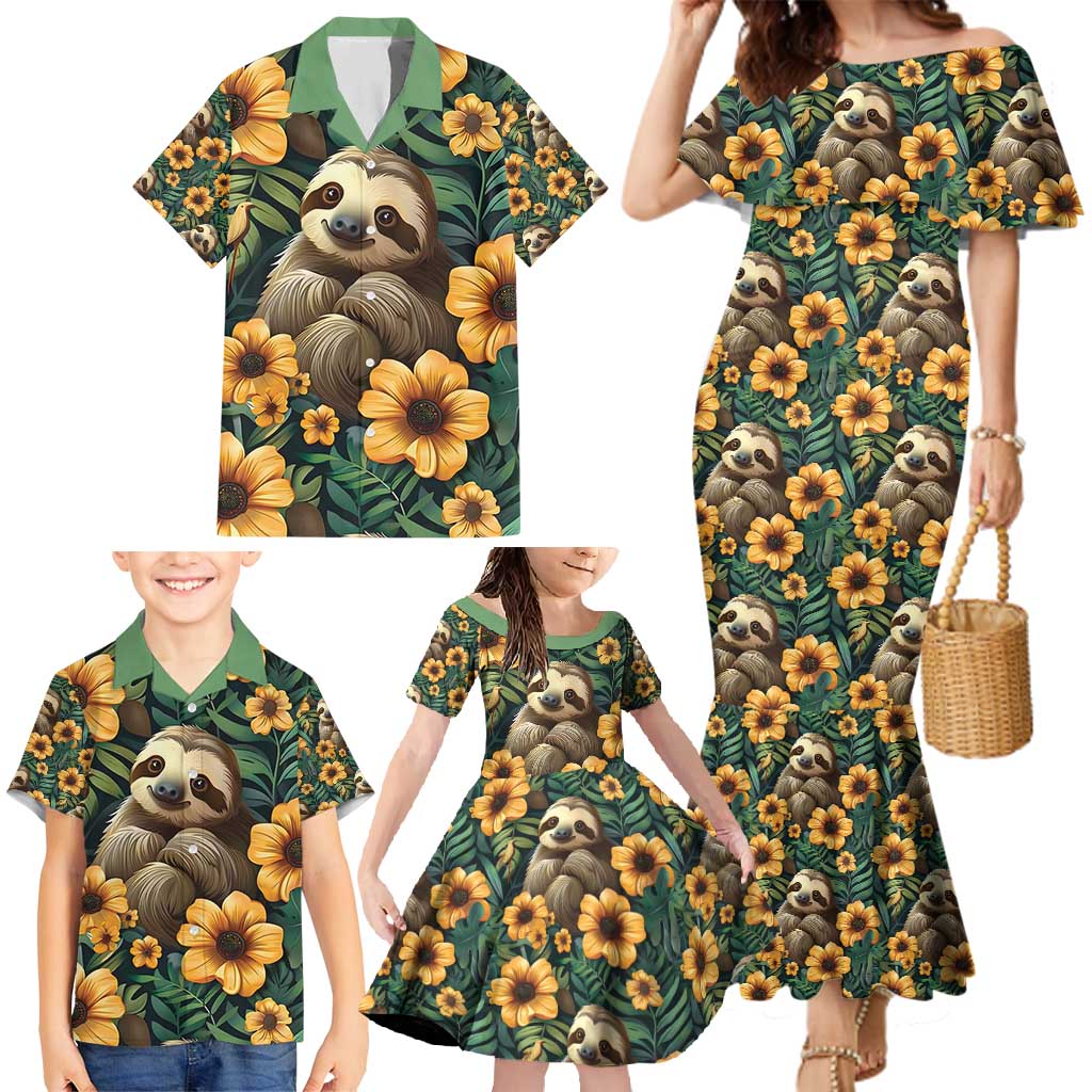 Sloth with Flowers Seamless Style Family Matching Mermaid Dress and Hawaiian Shirt LT9 - Wonder Print Shop