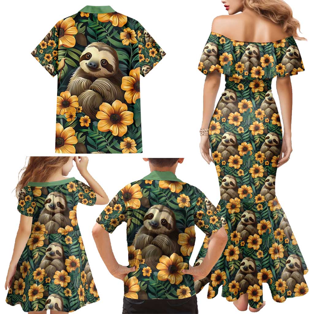 Sloth with Flowers Seamless Style Family Matching Mermaid Dress and Hawaiian Shirt LT9 - Wonder Print Shop