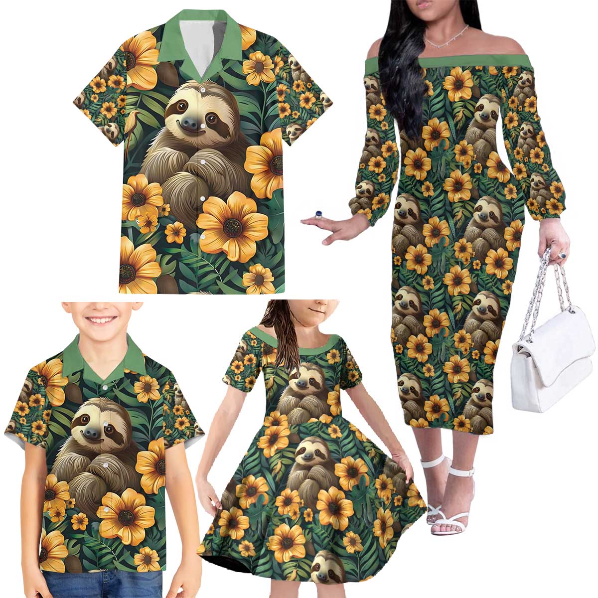 Sloth with Flowers Seamless Style Family Matching Off The Shoulder Long Sleeve Dress and Hawaiian Shirt - Wonder Print Shop