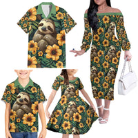 Sloth with Flowers Seamless Style Family Matching Off The Shoulder Long Sleeve Dress and Hawaiian Shirt - Wonder Print Shop