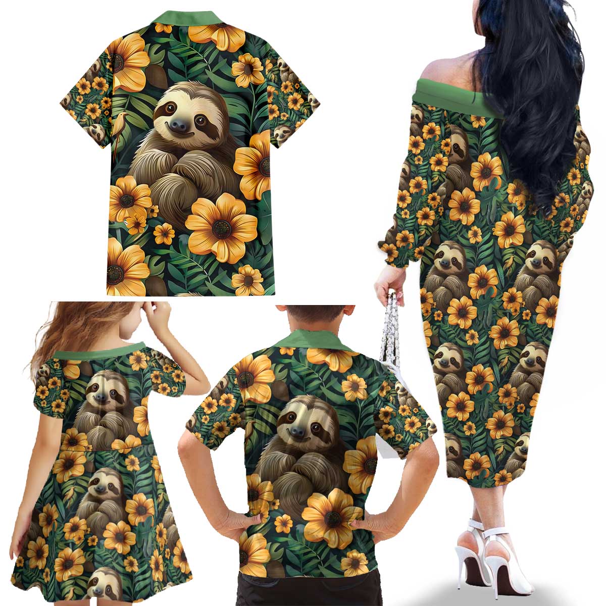 Sloth with Flowers Seamless Style Family Matching Off The Shoulder Long Sleeve Dress and Hawaiian Shirt - Wonder Print Shop