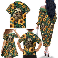 Sloth with Flowers Seamless Style Family Matching Off The Shoulder Long Sleeve Dress and Hawaiian Shirt - Wonder Print Shop