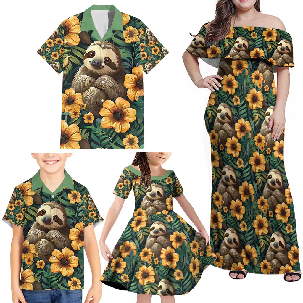 Sloth with Flowers Seamless Style Family Matching Off Shoulder Maxi Dress and Hawaiian Shirt LT9 - Wonder Print Shop