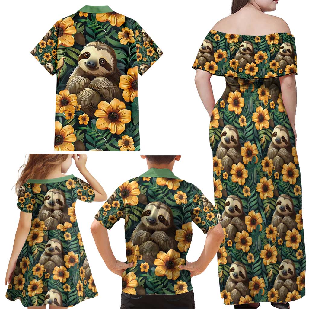 Sloth with Flowers Seamless Style Family Matching Off Shoulder Maxi Dress and Hawaiian Shirt LT9 - Wonder Print Shop
