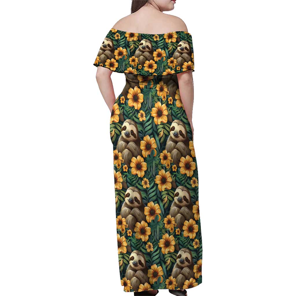 Sloth with Flowers Seamless Style Family Matching Off Shoulder Maxi Dress and Hawaiian Shirt LT9 - Wonder Print Shop