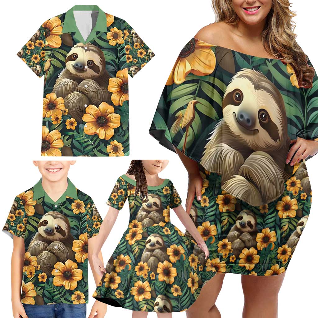 Sloth with Flowers Seamless Style Family Matching Off Shoulder Short Dress and Hawaiian Shirt LT9 - Wonder Print Shop