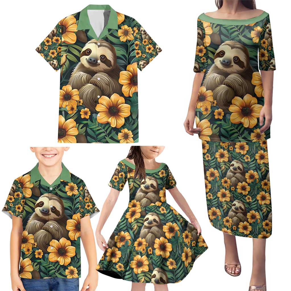Sloth with Flowers Seamless Style Family Matching Puletasi and Hawaiian Shirt - Wonder Print Shop