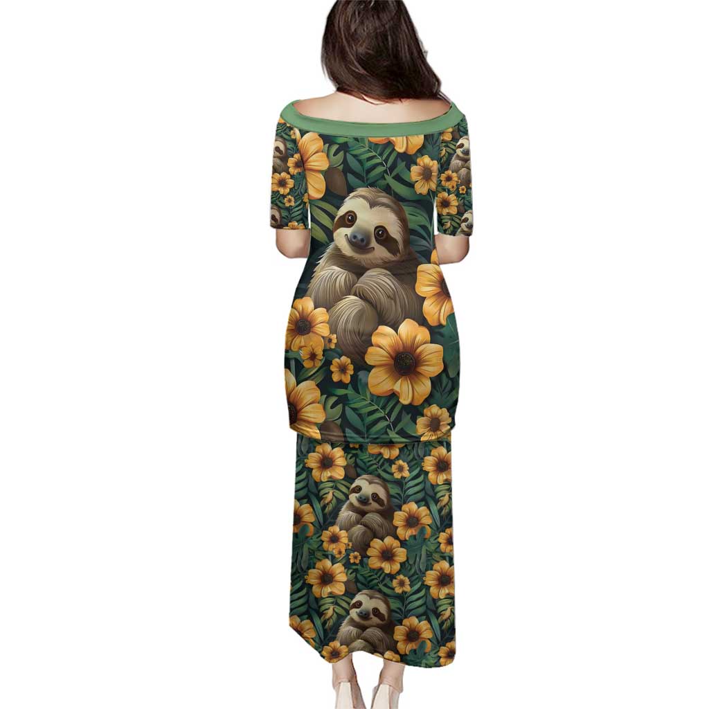 Sloth with Flowers Seamless Style Family Matching Puletasi and Hawaiian Shirt - Wonder Print Shop