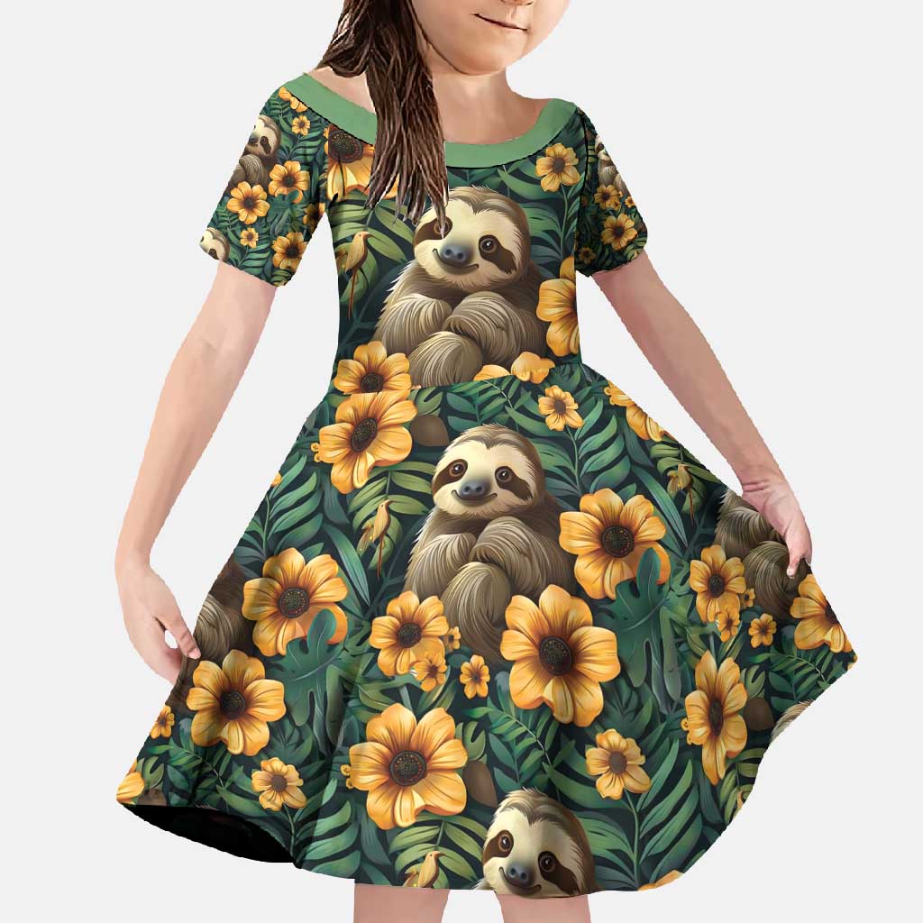 Sloth with Flowers Seamless Style Family Matching Short Sleeve Bodycon Dress and Hawaiian Shirt - Wonder Print Shop