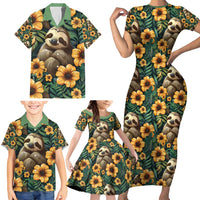 Sloth with Flowers Seamless Style Family Matching Short Sleeve Bodycon Dress and Hawaiian Shirt - Wonder Print Shop
