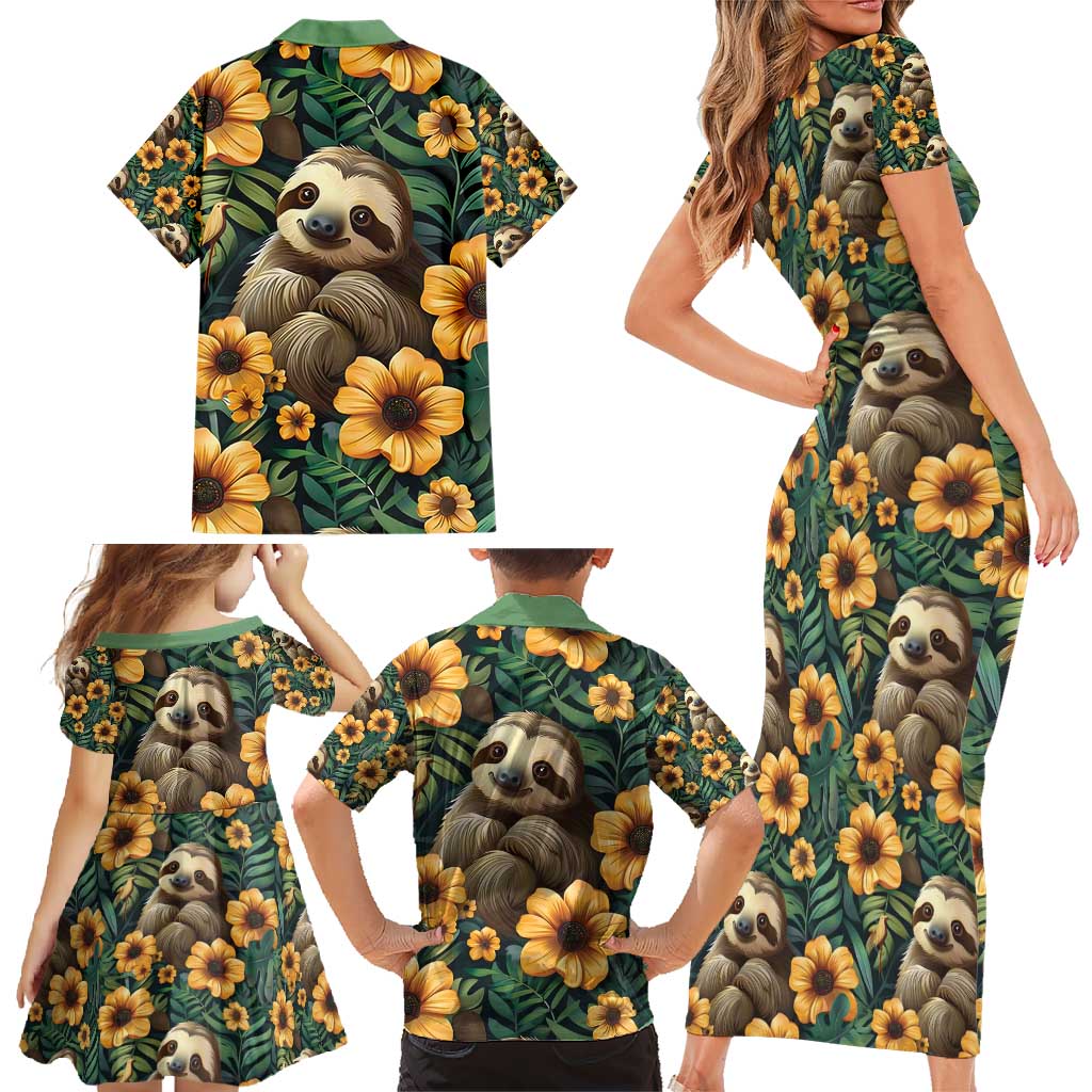Sloth with Flowers Seamless Style Family Matching Short Sleeve Bodycon Dress and Hawaiian Shirt - Wonder Print Shop