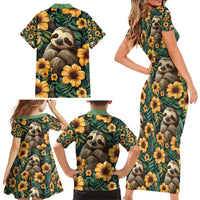 Sloth with Flowers Seamless Style Family Matching Short Sleeve Bodycon Dress and Hawaiian Shirt - Wonder Print Shop