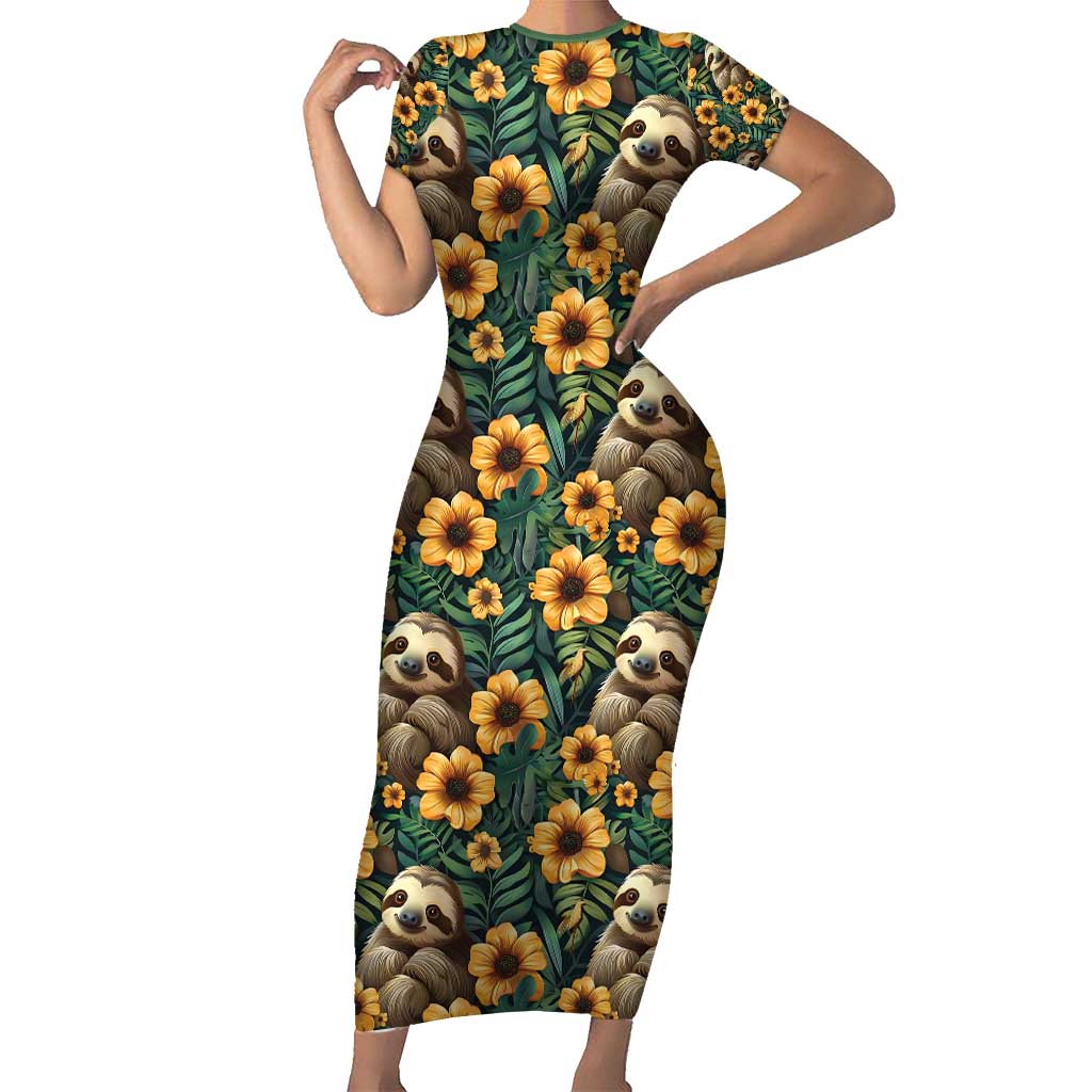 Sloth with Flowers Seamless Style Family Matching Short Sleeve Bodycon Dress and Hawaiian Shirt - Wonder Print Shop