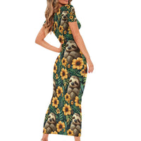 Sloth with Flowers Seamless Style Family Matching Short Sleeve Bodycon Dress and Hawaiian Shirt - Wonder Print Shop