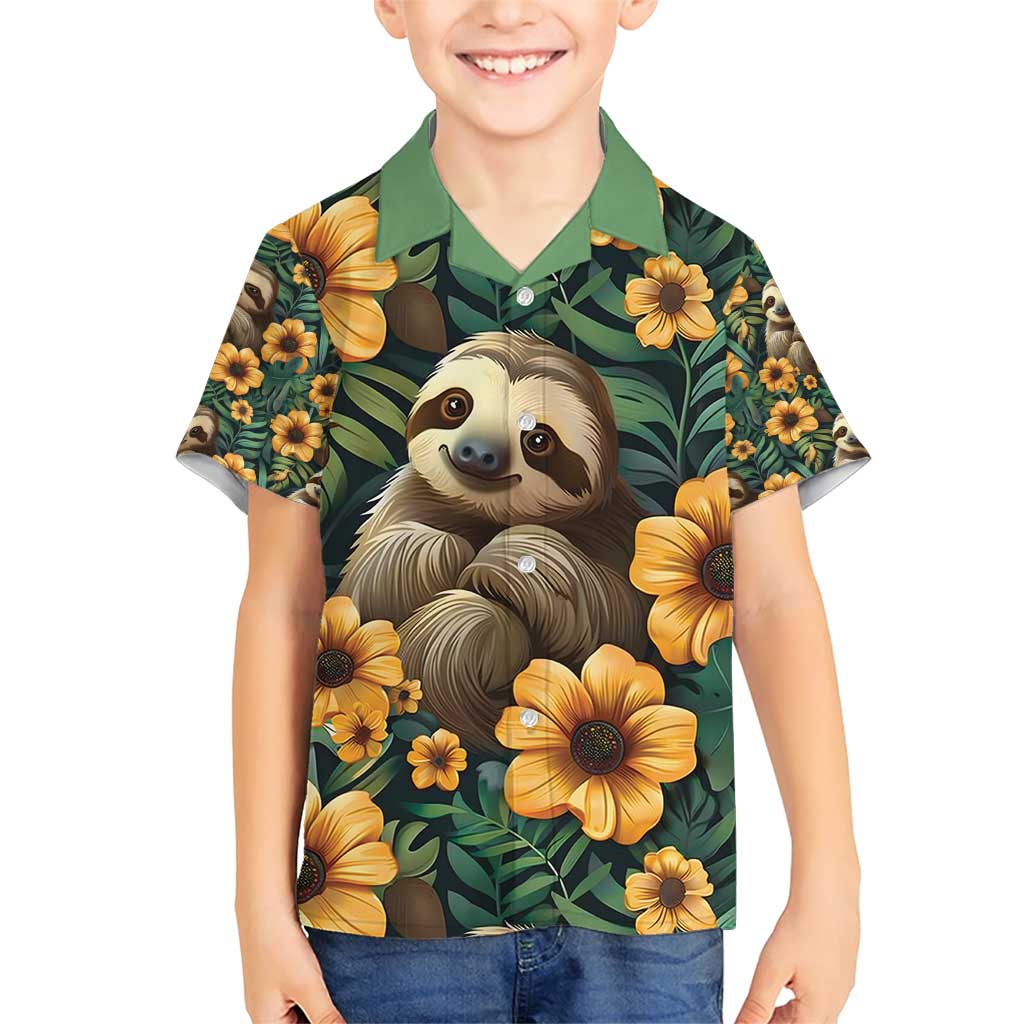 Sloth with Flowers Seamless Style Family Matching Short Sleeve Bodycon Dress and Hawaiian Shirt - Wonder Print Shop