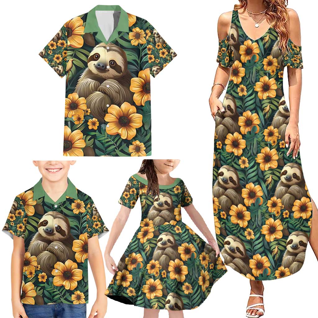 Sloth with Flowers Seamless Style Family Matching Summer Maxi Dress and Hawaiian Shirt - Wonder Print Shop