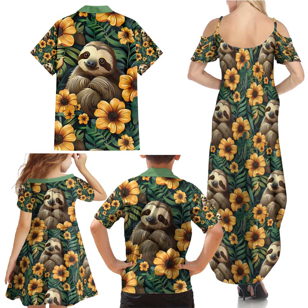 Sloth with Flowers Seamless Style Family Matching Summer Maxi Dress and Hawaiian Shirt - Wonder Print Shop