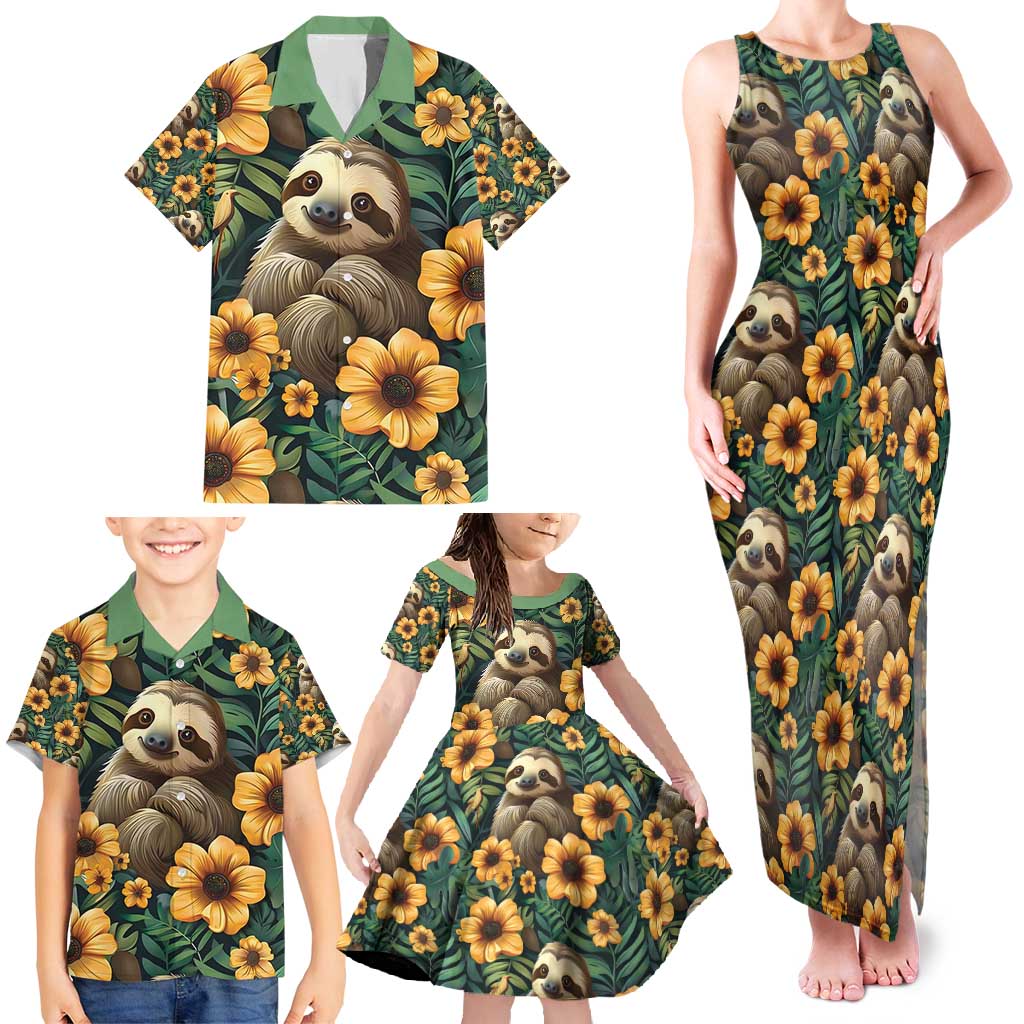 Sloth with Flowers Seamless Style Family Matching Tank Maxi Dress and Hawaiian Shirt - Wonder Print Shop