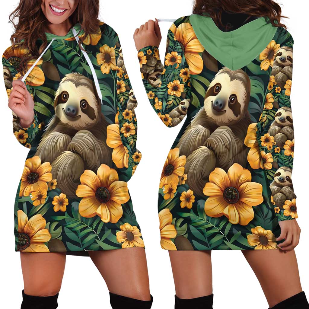Sloth with Flowers Seamless Style Hoodie Dress - Wonder Print Shop