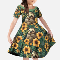 Sloth with Flowers Seamless Style Kid Short Sleeve Dress - Wonder Print Shop