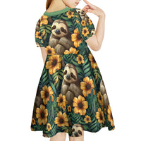 Sloth with Flowers Seamless Style Kid Short Sleeve Dress - Wonder Print Shop