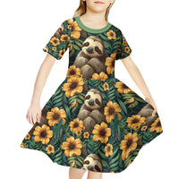 Sloth with Flowers Seamless Style Kid Short Sleeve Dress - Wonder Print Shop