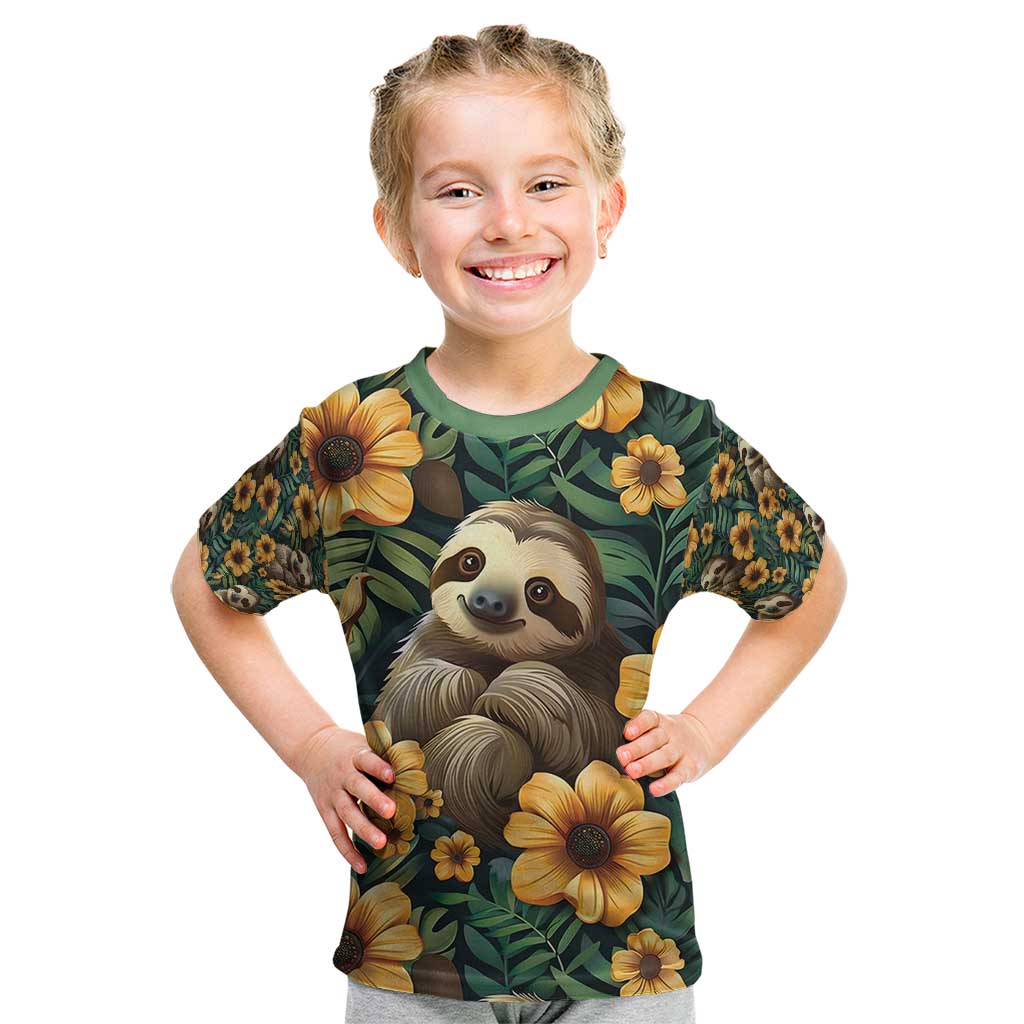 Sloth with Flowers Seamless Style Kid T Shirt - Wonder Print Shop