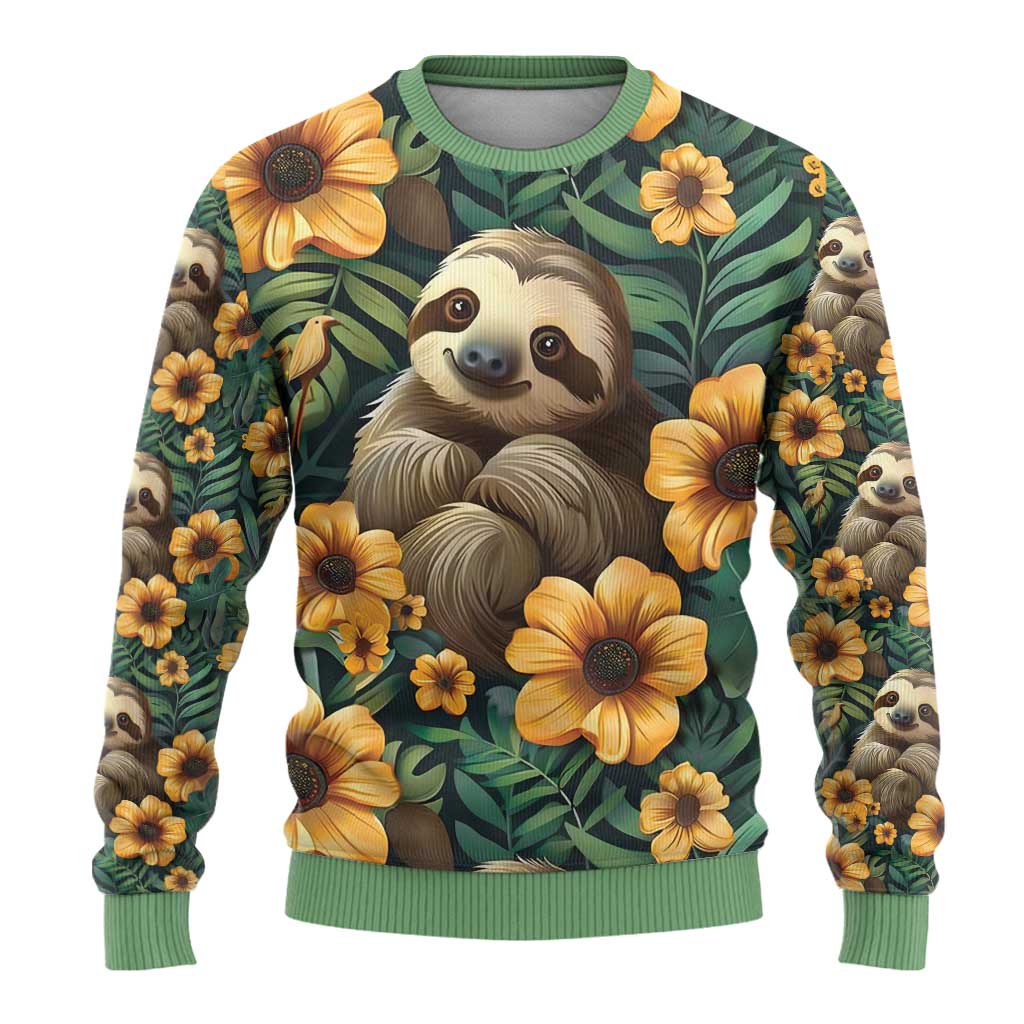 Sloth with Flowers Seamless Style Ugly Christmas Sweater - Wonder Print Shop