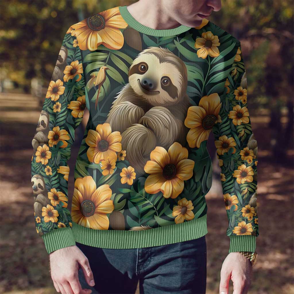 Sloth with Flowers Seamless Style Ugly Christmas Sweater - Wonder Print Shop