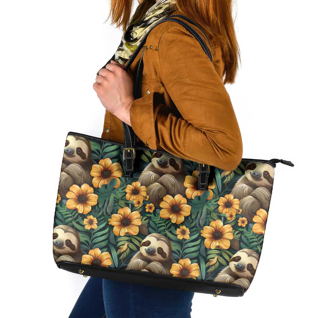 Sloth with Flowers Seamless Style Leather Tote Bag - Wonder Print Shop