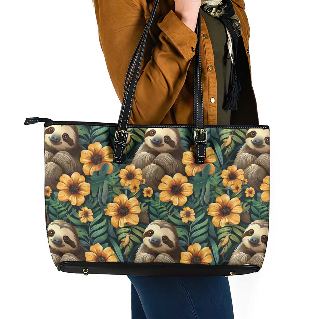 Sloth with Flowers Seamless Style Leather Tote Bag - Wonder Print Shop