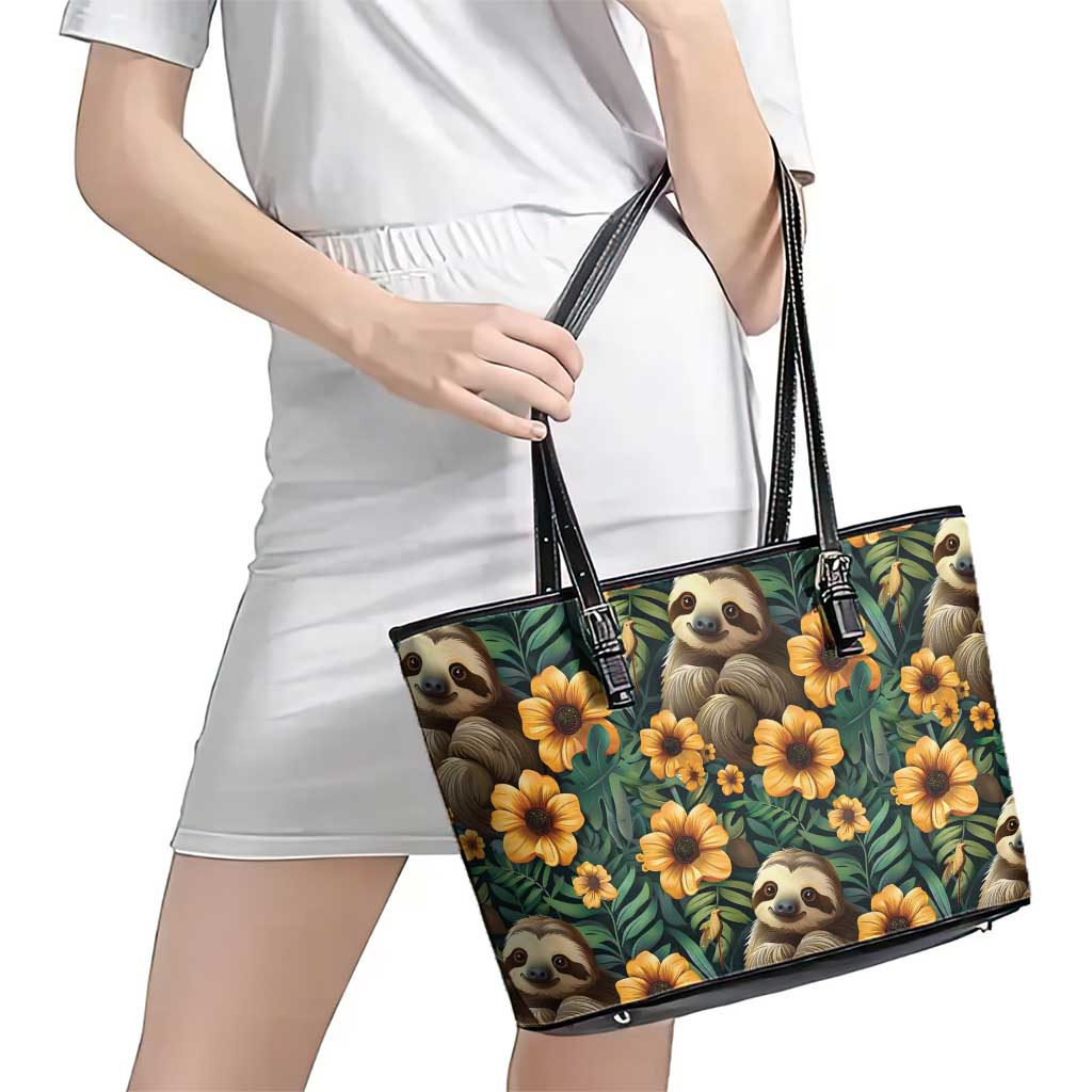 Sloth with Flowers Seamless Style Leather Tote Bag - Wonder Print Shop