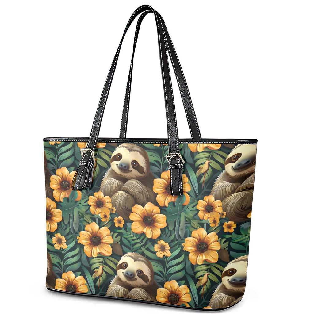 Sloth with Flowers Seamless Style Leather Tote Bag - Wonder Print Shop