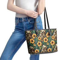 Sloth with Flowers Seamless Style Leather Tote Bag - Wonder Print Shop