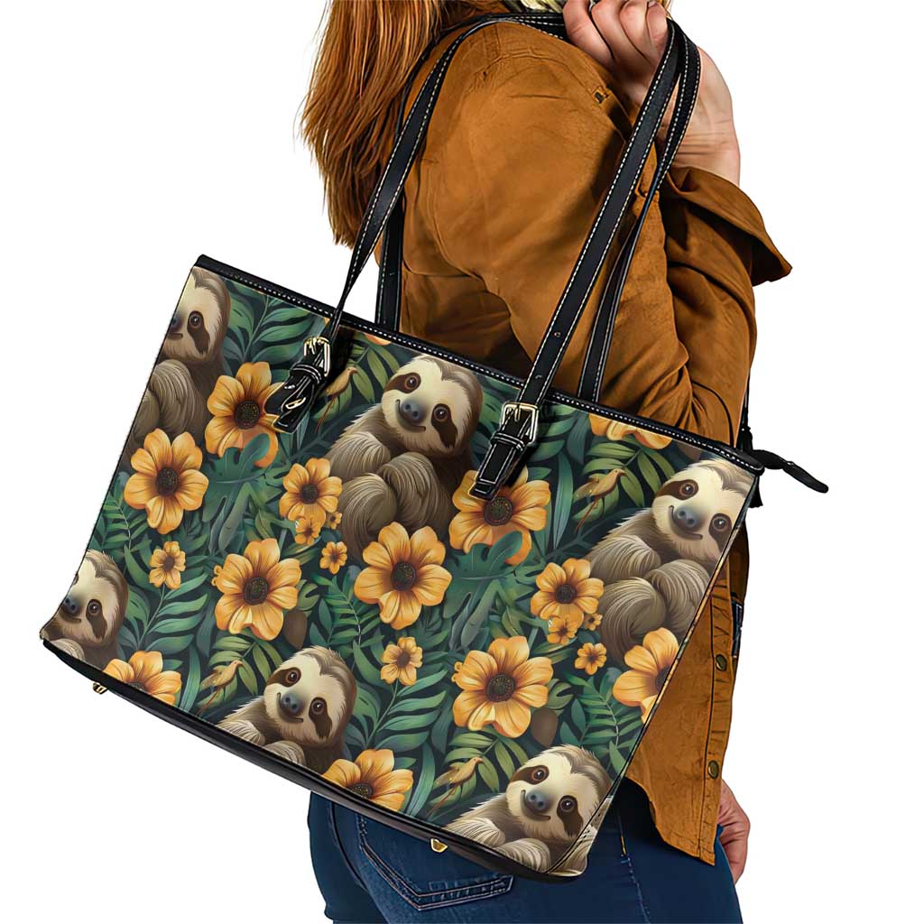 Sloth with Flowers Seamless Style Leather Tote Bag - Wonder Print Shop