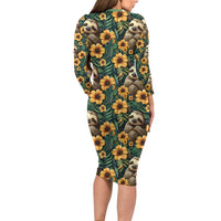 Sloth with Flowers Seamless Style Long Sleeve Bodycon Dress - Wonder Print Shop