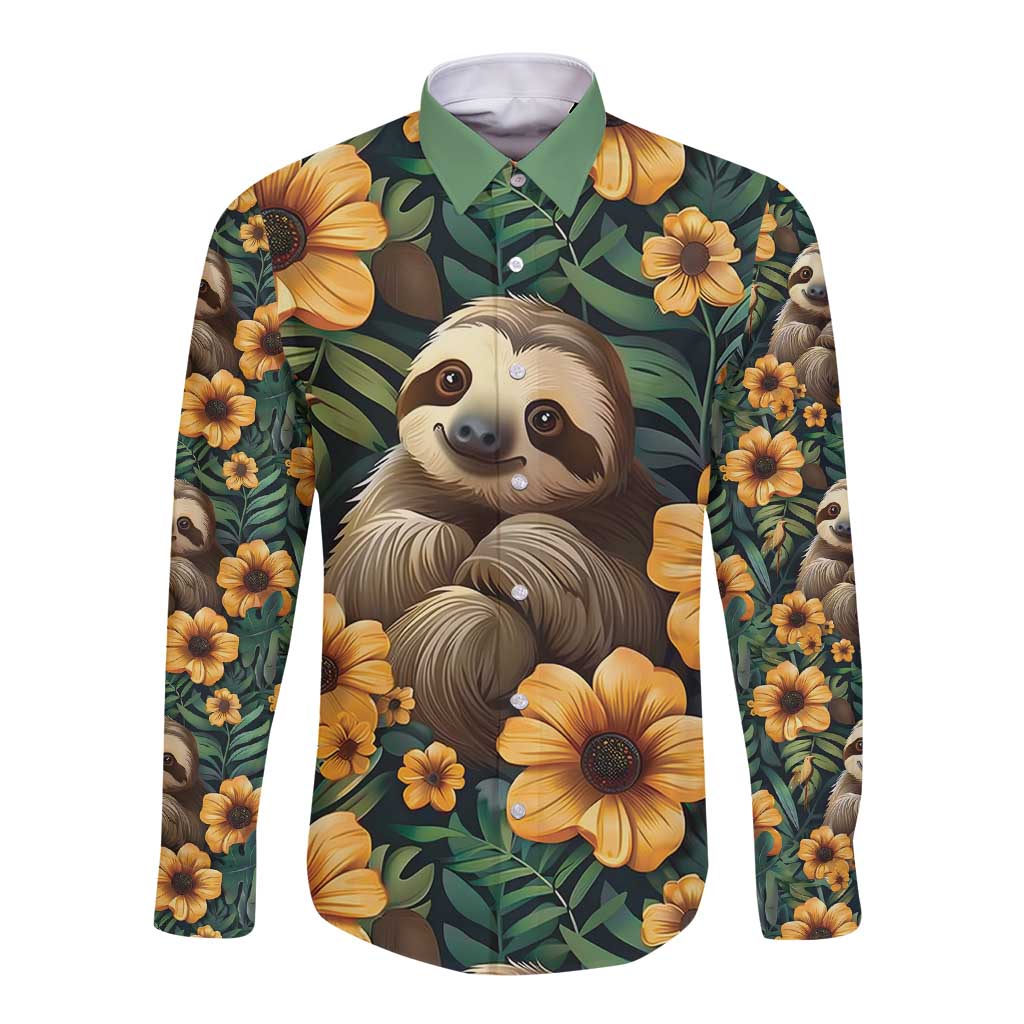 Sloth with Flowers Seamless Style Long Sleeve Button Shirt - Wonder Print Shop