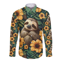 Sloth with Flowers Seamless Style Long Sleeve Button Shirt - Wonder Print Shop