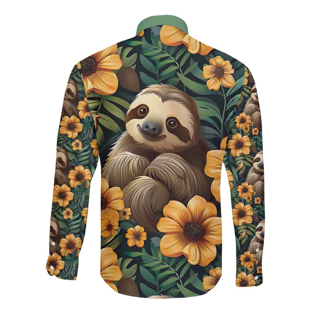 Sloth with Flowers Seamless Style Long Sleeve Button Shirt - Wonder Print Shop