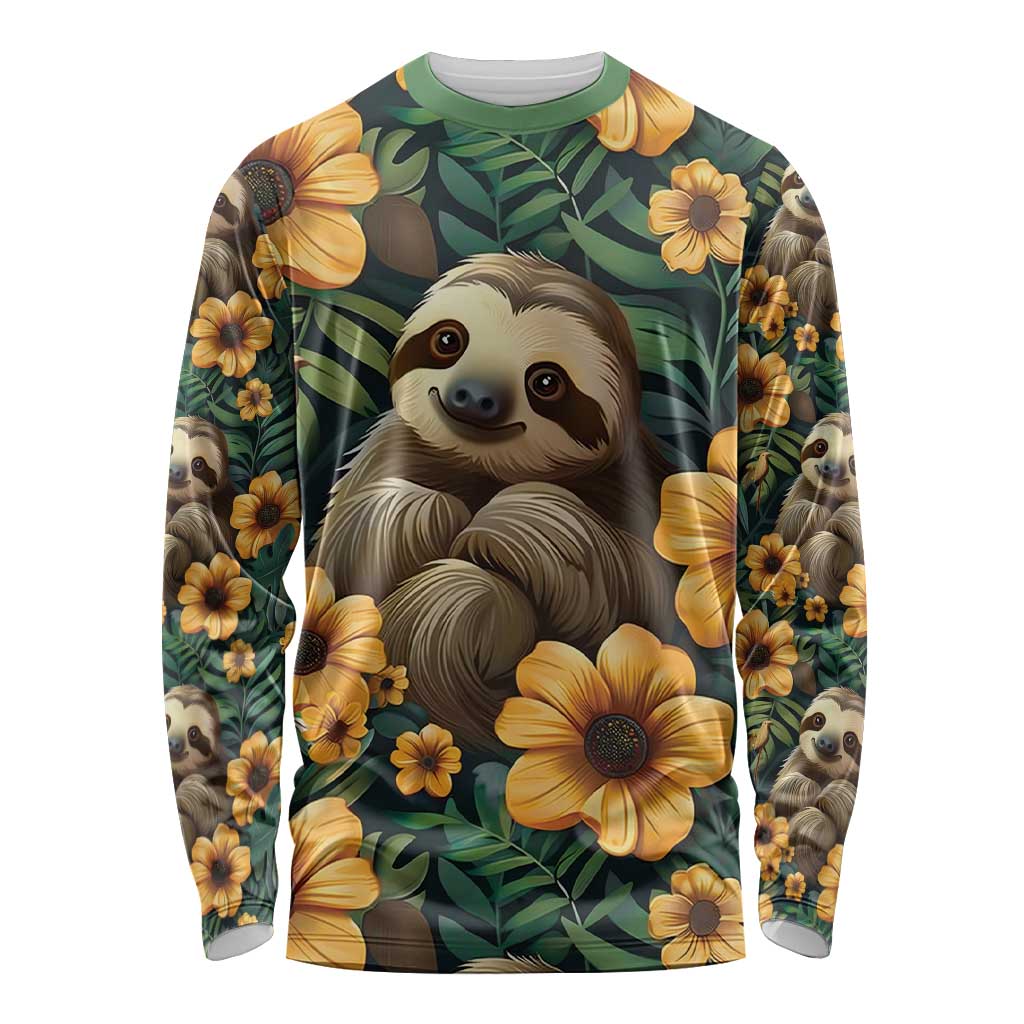 Sloth with Flowers Seamless Style Long Sleeve Shirt - Wonder Print Shop