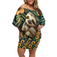 Sloth with Flowers Seamless Style Off Shoulder Short Dress - Wonder Print Shop