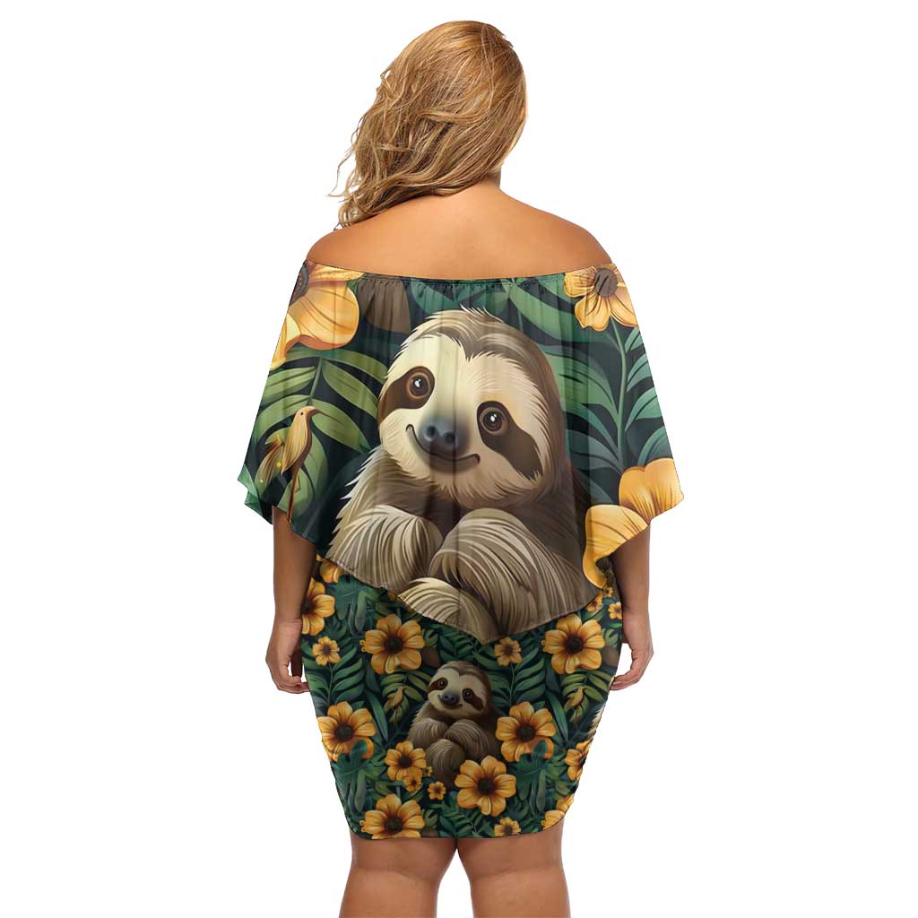 Sloth with Flowers Seamless Style Off Shoulder Short Dress - Wonder Print Shop