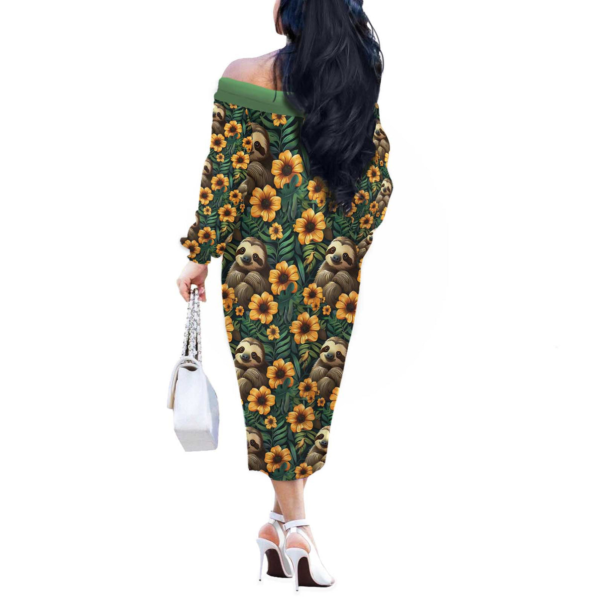 Sloth with Flowers Seamless Style Off The Shoulder Long Sleeve Dress - Wonder Print Shop