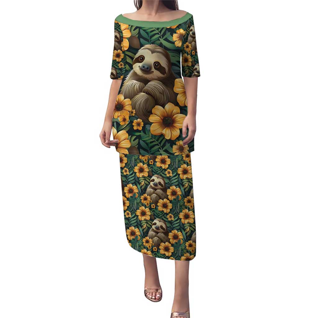 Sloth with Flowers Seamless Style Puletasi - Wonder Print Shop