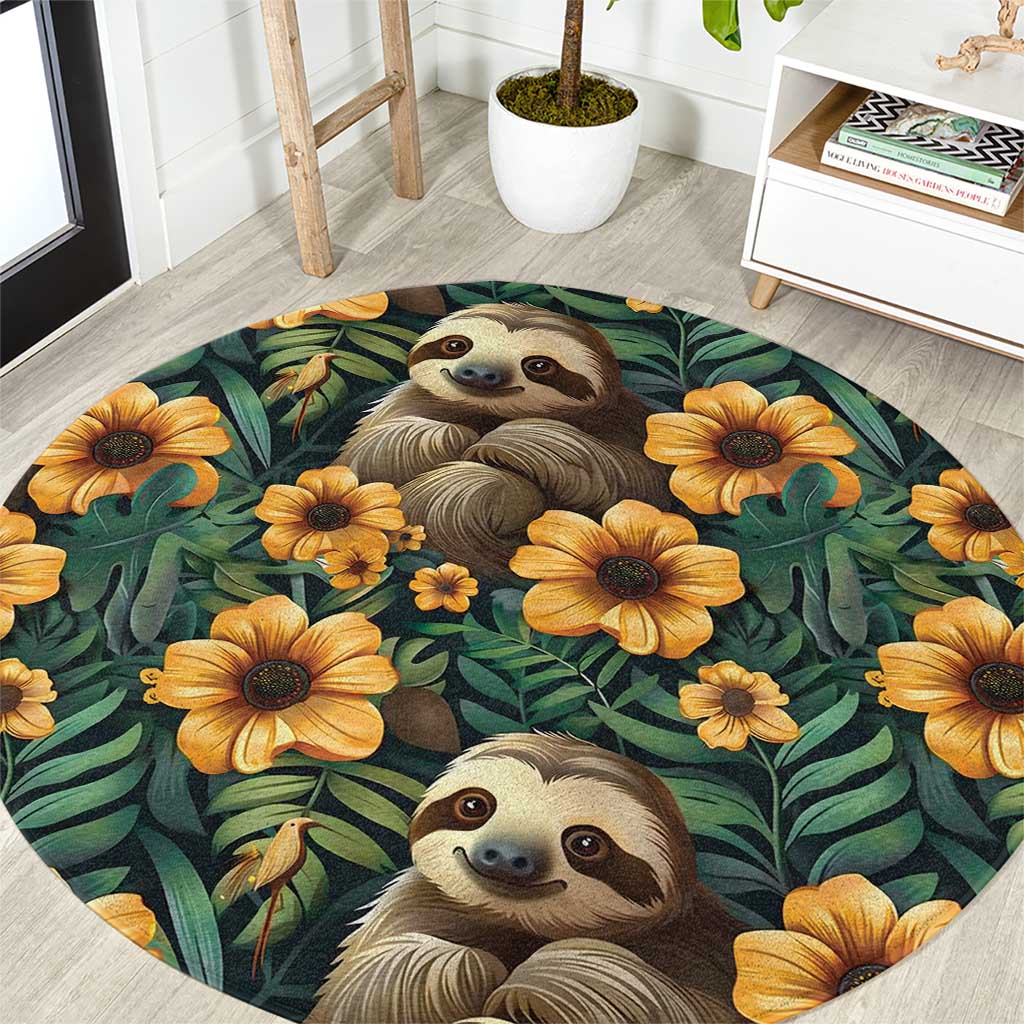 Sloth with Flowers Seamless Style Round Carpet